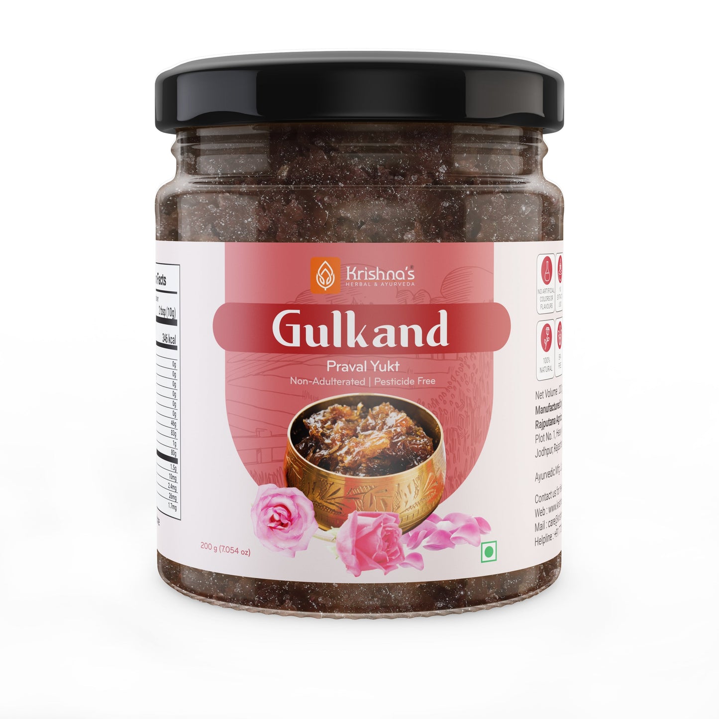 Jar of Krishna's Herbal & Ayurveda Gulkand, a sweet rose petal preserve, in a glass container with a spoon.