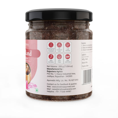 Bowl of Krishna's Herbal & Ayurveda Gulkand, a sweet rose-flavored Ayurvedic herbal preserve in a glass container.