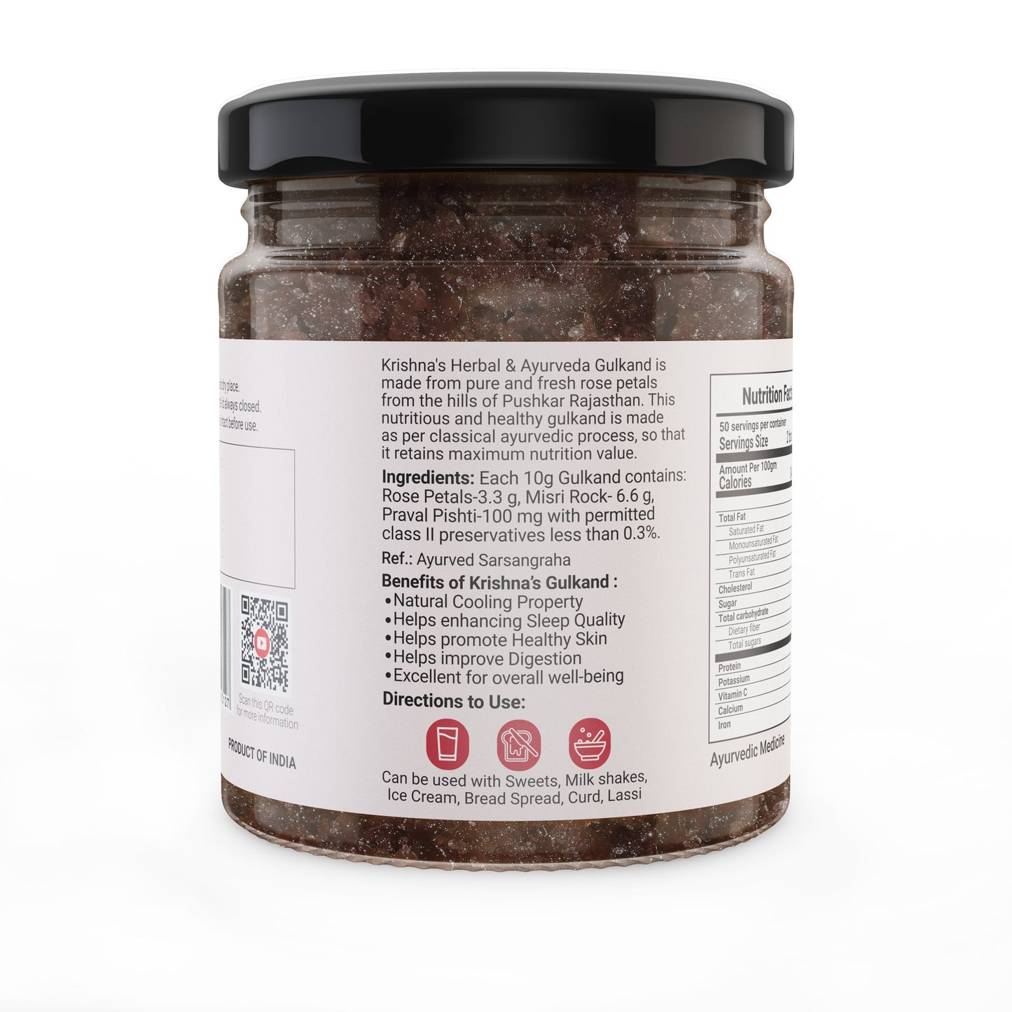 Jar of Krishna's Herbal & Ayurveda Gulkand, a traditional Ayurvedic rose-flavored sweet preserve in a glass container.