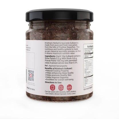 Jar of Krishna's Herbal & Ayurveda Gulkand, a traditional Ayurvedic rose-flavored sweet preserve in a glass container.