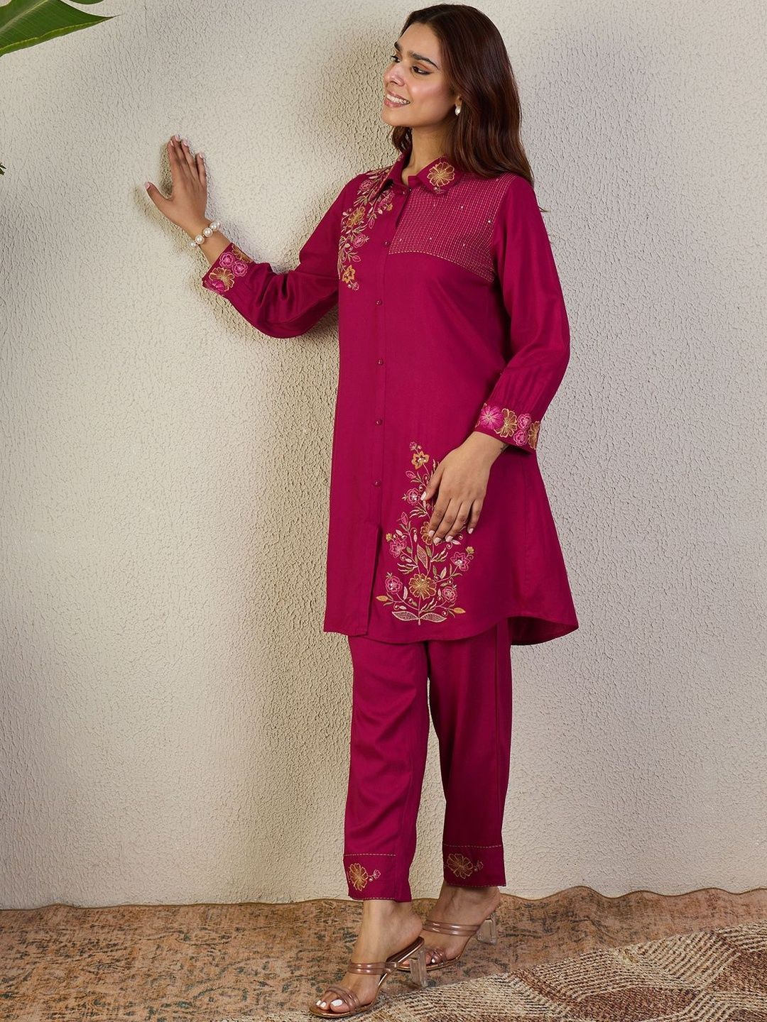 Floral Embroidered Shirt Collar Thread Work Pure Cotton Kurta With Trousers