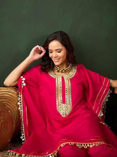 Indyancart SN Women's Fuchsia Geometric Embroidered Round Neck Mirror Work Kaftan With Trousers