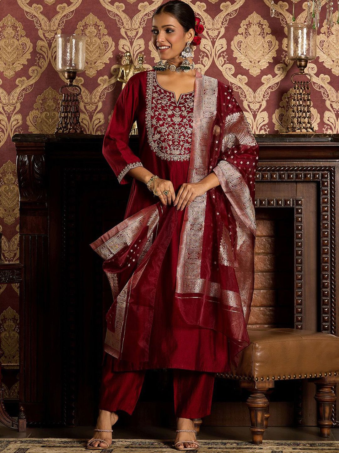 Indyancart IE Ethnic Motifs Zari Embroidered Liva Kurta with Trouser & Dupatta