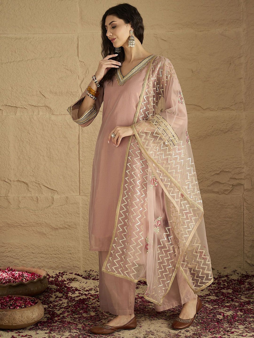 Indyancart VA Women Solid Kurta with Palazzo & Dupatta