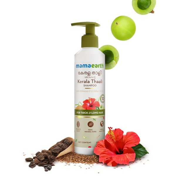 Mamaearth Kerala Thaali Shampoo bottle with label, showcasing natural ingredients and product details.