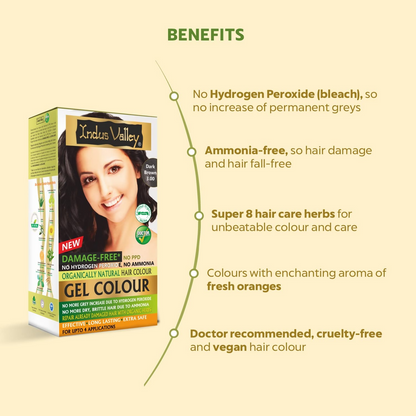 Indus Valley Damage-Free Gel Hair Color in dark brown, showing the gel formula and packaging for healthy, vibrant hair coloring.