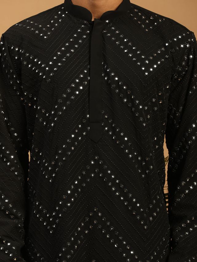 Men's Black Georgette Straight Kurta Pyjama Set