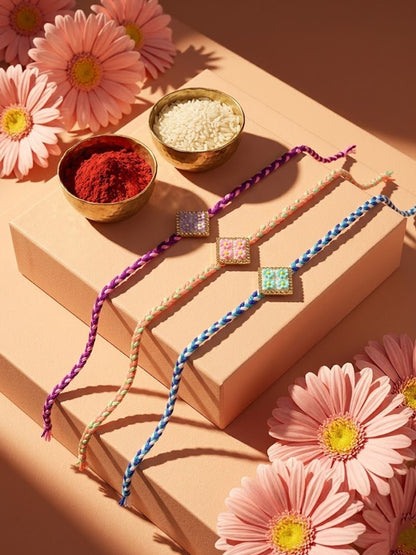 Anouk Set Of 3 Multicolor Ad Thread Rakhi With Roli Chawal Chandan Mishri