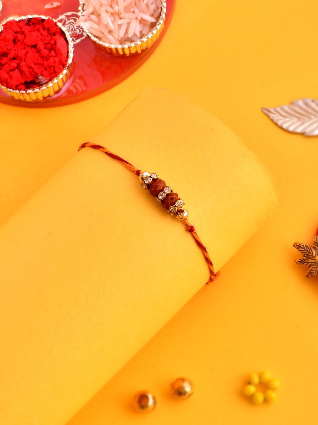 Anouk Gold-Toned Beaded Rakhi With Roli Chawal & Greeting Card