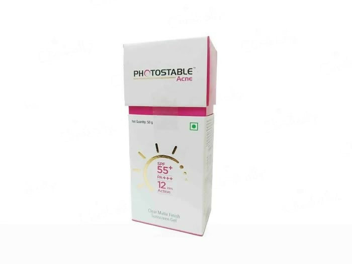 Photostable Acne SPF 55+ PA+++ Clear Matte Sunscreen Gel by Sun Pharma showing the tube and product packaging.