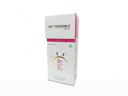 Photostable Acne SPF 55+ PA+++ Clear Matte Sunscreen Gel by Sun Pharma showing the tube and product packaging.