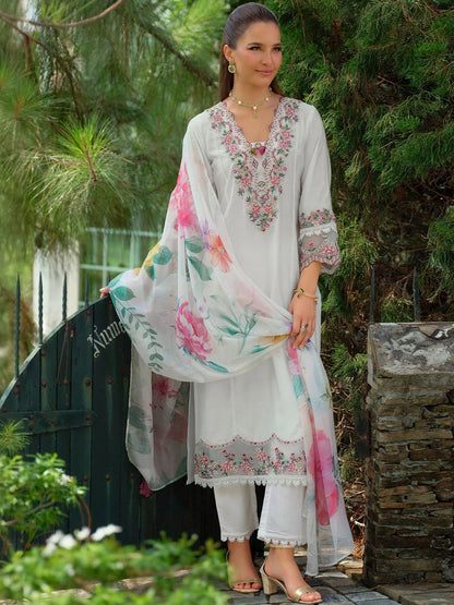 Floral Yoke Design Notch Neck Thread Work A-Line Kurta & Dupatta with Trousers