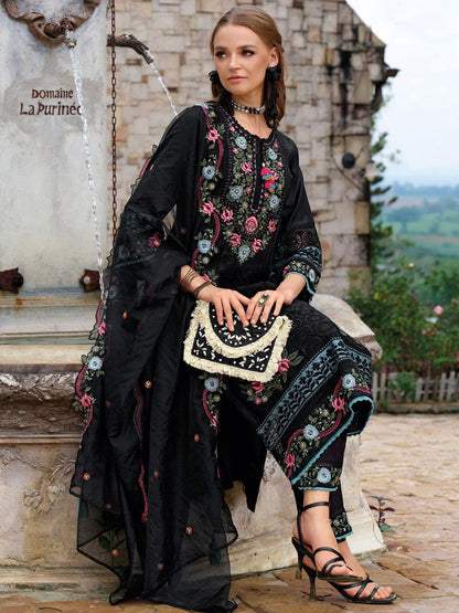 Floral Embroidered Tie-Up Neck Thread Work Straight Kurta With Trousers & Dupatta