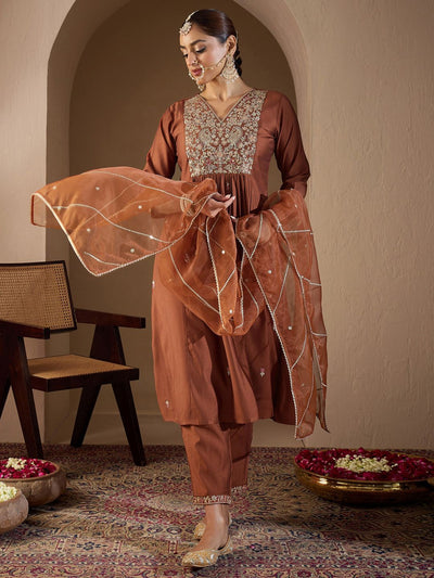 Indyancart IE Women Ethnic Motifs Embroidered Regular Liva Kurta with Trousers & With Dupatta