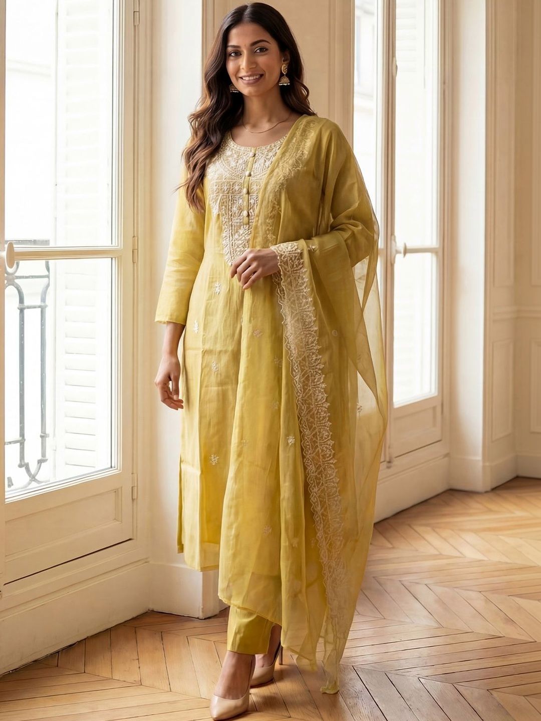 Indyancart IE Women Ethnic Motifs Embroidered Regular Thread Work Kurta with Palazzos & With Dupatta