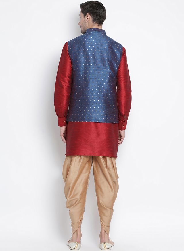 Men's Maroon Silk Blend Straight Jacket  Kurta and Dhoti Set