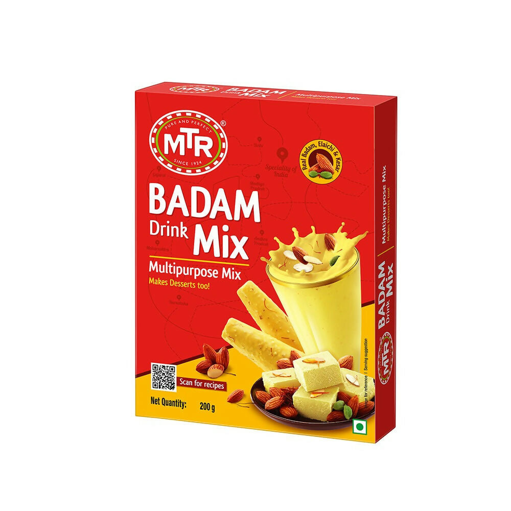 MTR Badam Drink Mix instant powder in a jar with almonds, ready to prepare a flavorful almond-flavored beverage.