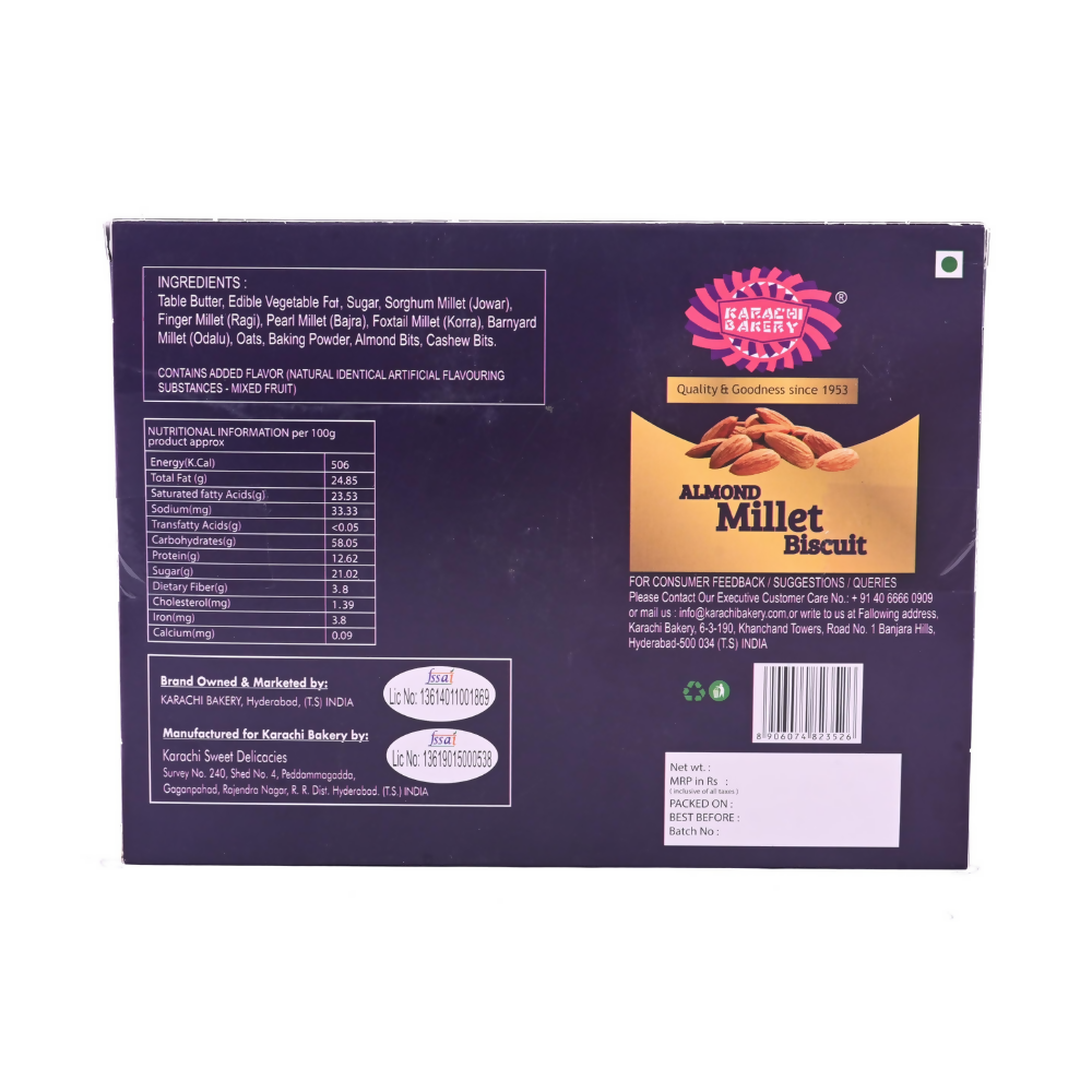 Karachi Bakery Almond Millet Biscuits in a clear package, showing golden almond and millet cookies with a crisp texture.