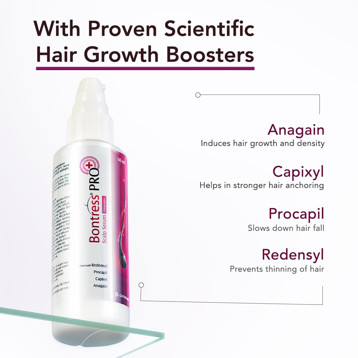Glenmark Bontress Pro+ scalp serum bottle, clear packaging with dropper applicator for hair treatment and scalp care.