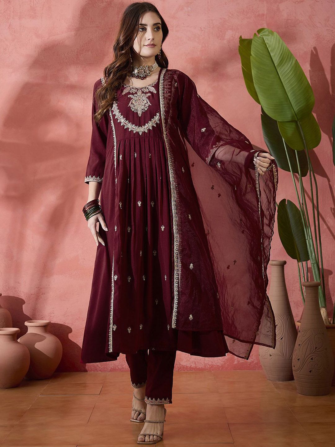 Indyancart SN Women's Floral Embroidered Pleated Sequinned A-Line Kurta With Trouser And Dupatta
