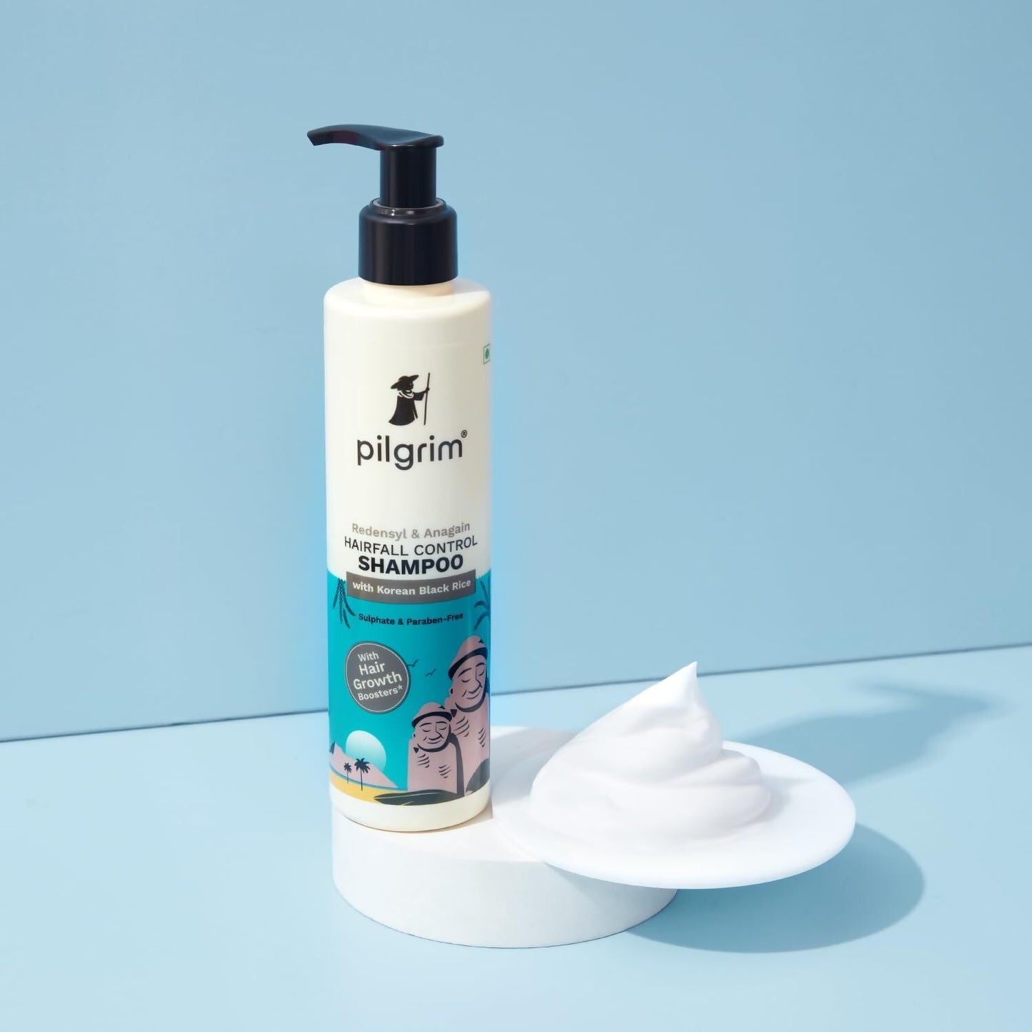 Pilgrim Redensyl and Anagain hair fall control shampoo with Korean black rice for strengthening and nourishing hair.