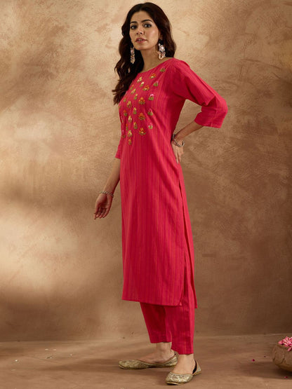 Dhiyona IE Women Floral Embroidered Regular Thread Work Pure Cotton Kurta with Trousers