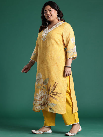 Indyancart Women's Plus Size Floral Print Regular Thread Work Kurta with Palazzos & Dupatta
