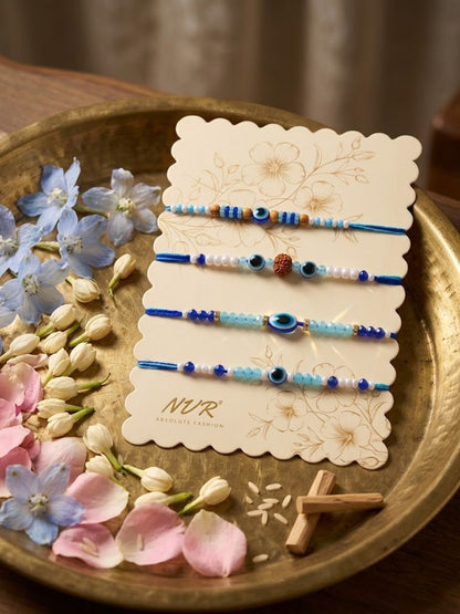 Anouk Set Of 4 Blue Evil Eye Thread Rakhi With Roli Chawal Chandan Mishri