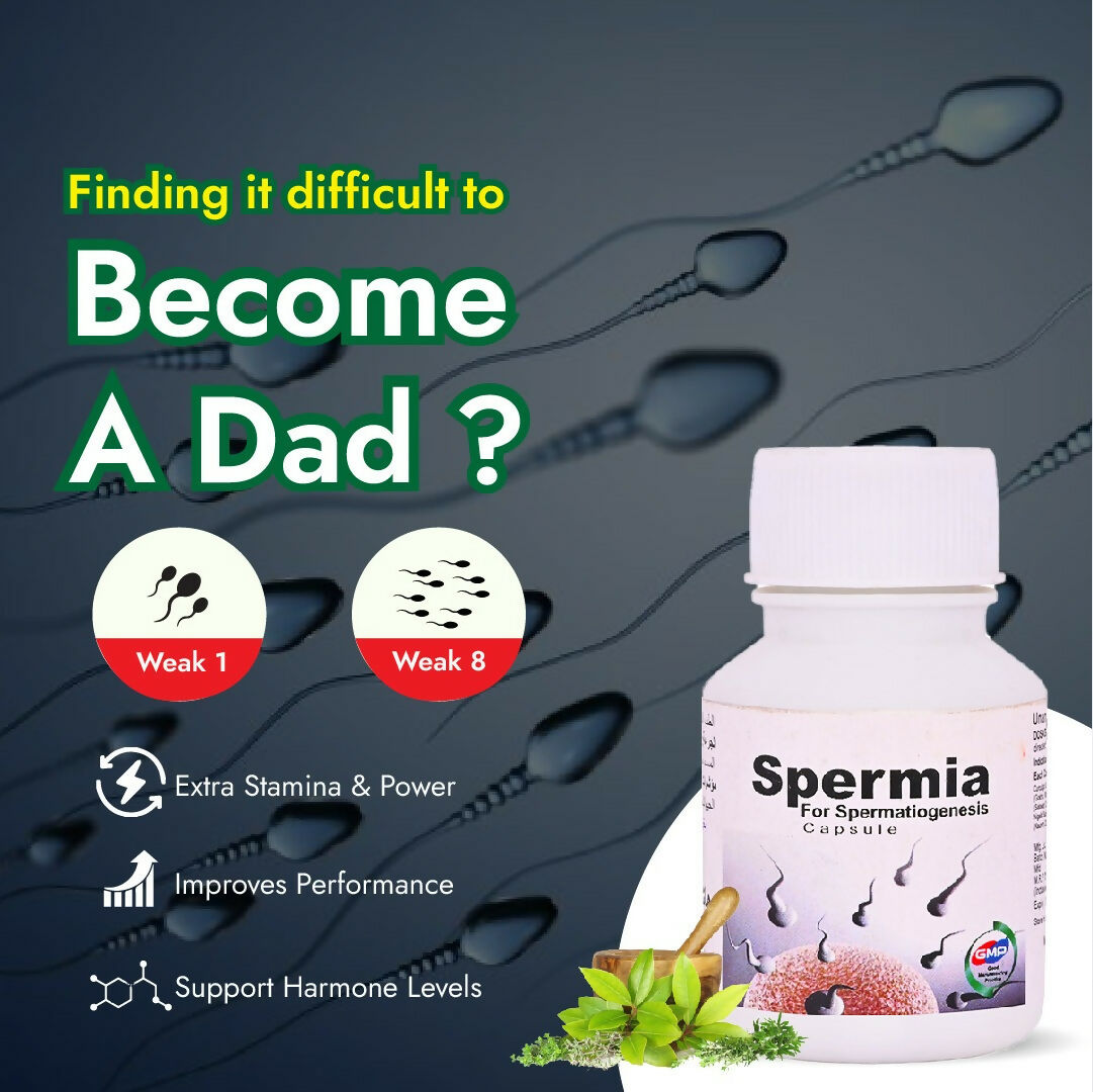 Hashmi Spermia capsules in a bottle, Unani herbal supplement designed to support men's energy, vitality, and physical strength