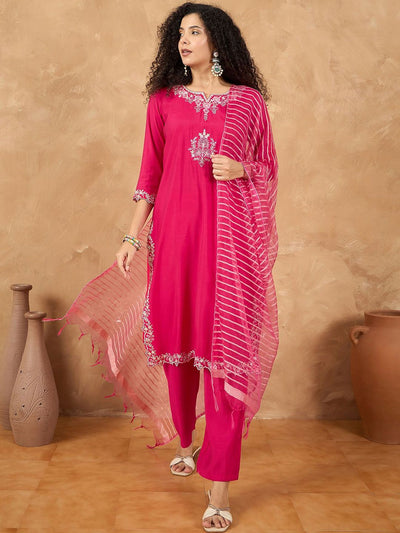 Indyancart VA Women's Ethnic Motifs Embroidered Kurta with Trouser & Dupatta