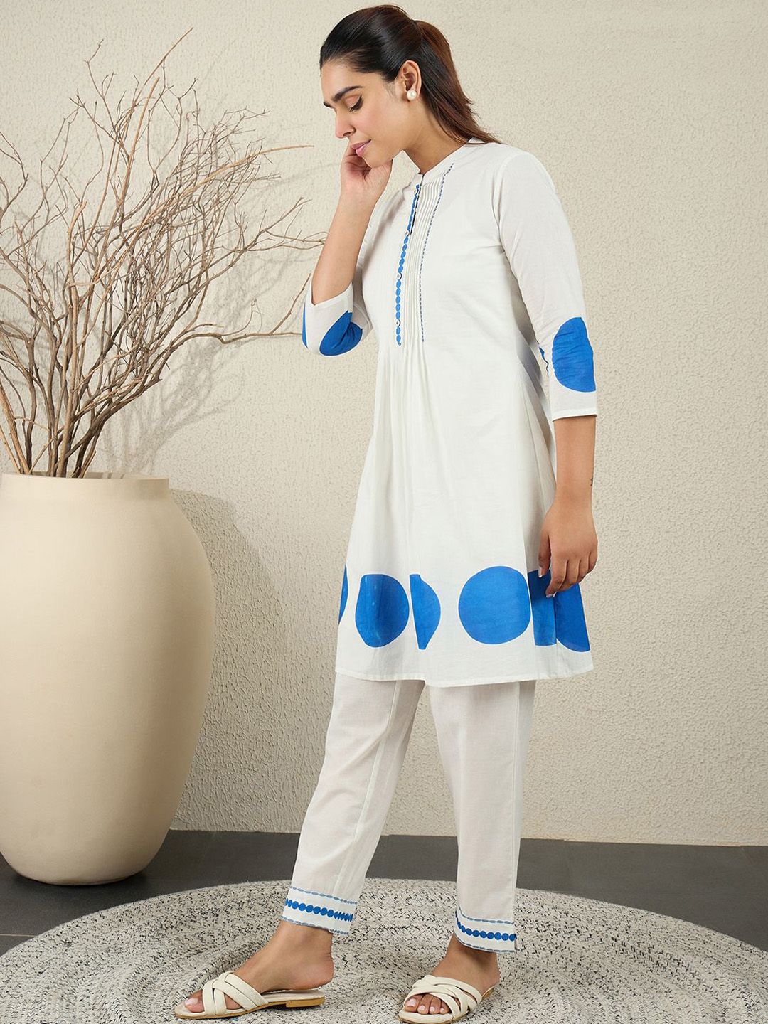 Printed Pleated Thread Work Pure Cotton Kurta With Trousers