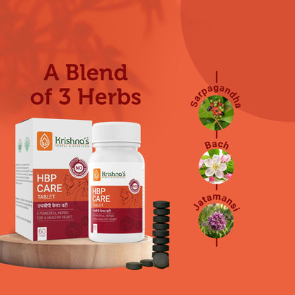 Krishna's Herbal & Ayurveda HBP Care Tablets in a bottle, showing the Ayurvedic tablets for blood pressure support.