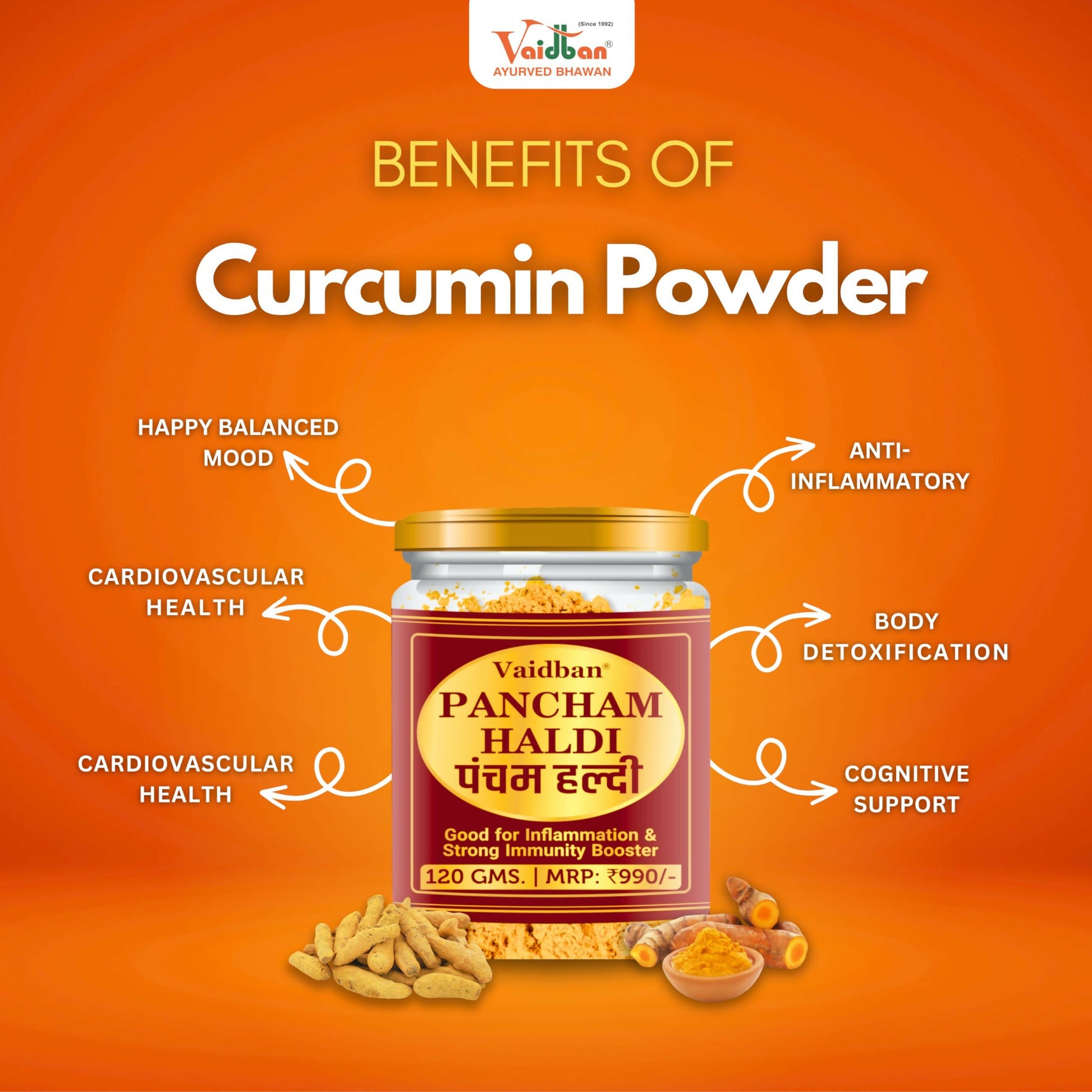 Vaidban Organic Pancham Haldi powder in a glass jar, showcasing vibrant yellow turmeric powder for Ayurvedic use.