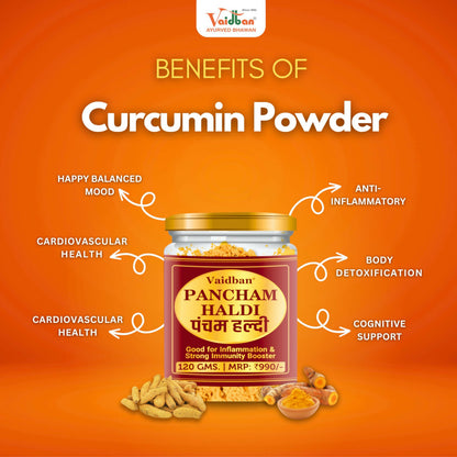 Vaidban Organic Pancham Haldi powder in a glass jar, showcasing vibrant yellow turmeric powder for Ayurvedic use.