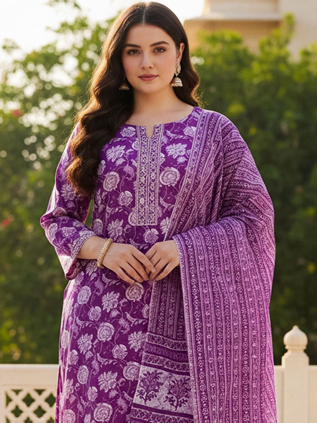 Indyancart Women's Floral Printed Regular Mirror Work Pure Cotton Kurta with Trousers & With Dupatta