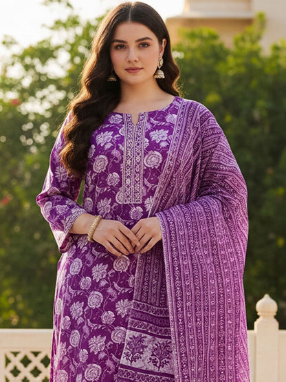 Indyancart Women's Floral Printed Regular Mirror Work Pure Cotton Kurta with Trousers & With Dupatta