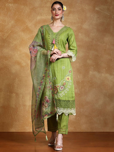 Indyancart VA Women's Floral Embroidered Thread Work Pure Cotton Kurta with Trousers & Dupatta