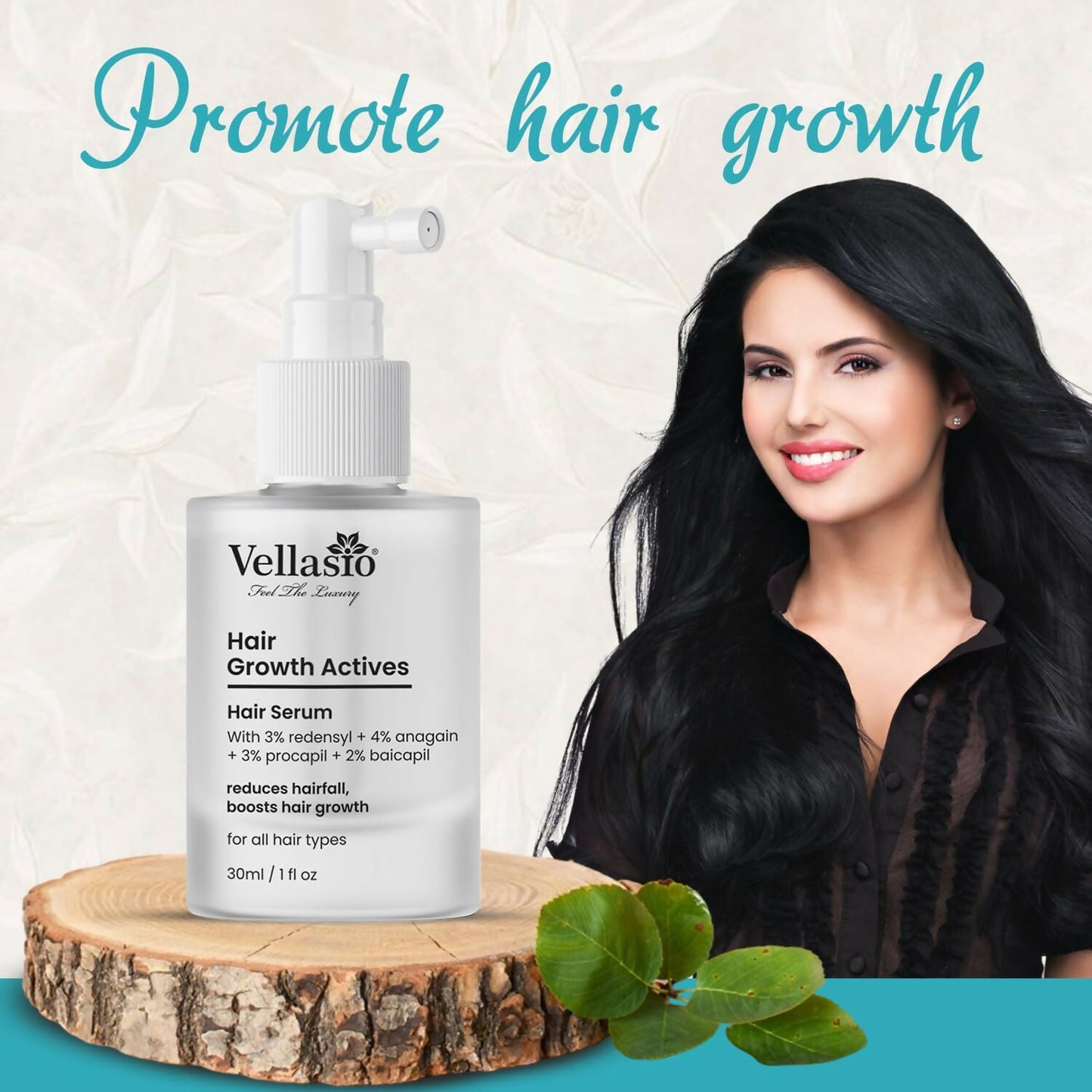 Vellasio Hair Growth Serum with Redensyl, Anagain, Procaoil, and Baicapil for thicker, healthier hair in a clear serum bottle