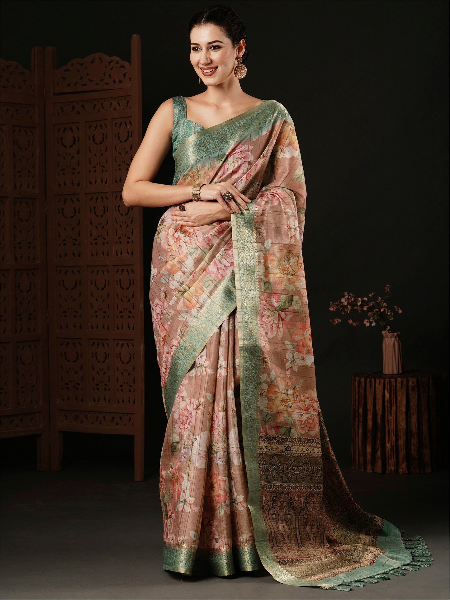Women's Banarasi Silk Beige Printed Designer Saree With Blouse Piece