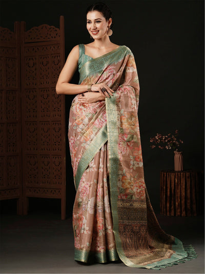 Women's Banarasi Silk Beige Printed Designer Saree With Blouse Piece