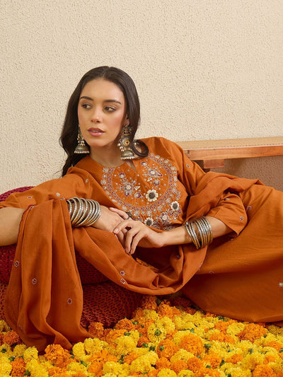 Indyancart IE Women Ethnic Motifs Embroidered Regular Thread Work Pure Cotton Kurta with Trousers & With Dupatta