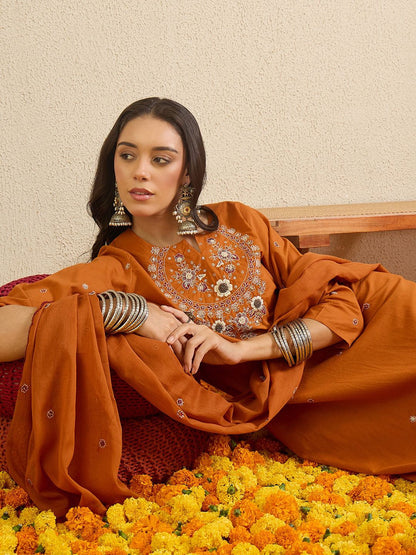 Women Ethnic Motifs Embroidered Regular Thread Work Pure Cotton Kurta with Trousers & With Dupatta