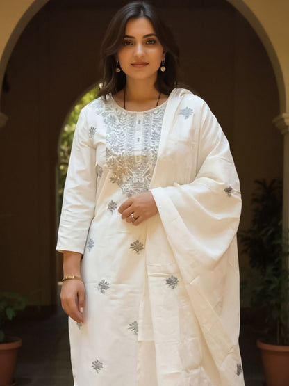 Women Floral Embroidered Round Neck Cotton Kurta with Trousers & Dupatta