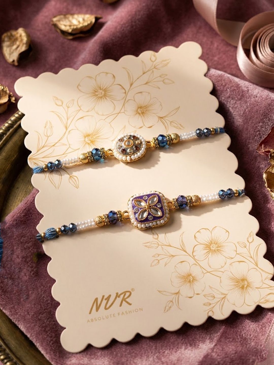 Anouk Set Of 2 White Pearls Thread Rakhi With Roli Chawal Chandan Mishri