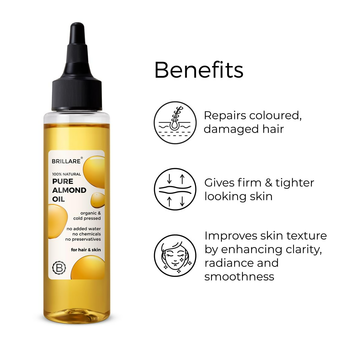 Bottle of Brillare 100% natural pure almond oil for hair, showing a clear glass container with almond oil inside.