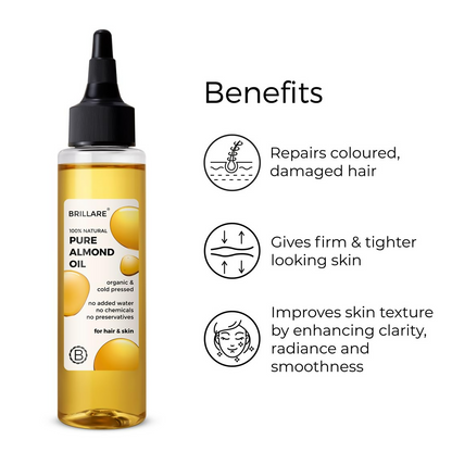 Bottle of Brillare 100% natural pure almond oil for hair, showing a clear glass container with almond oil inside.