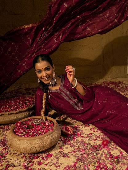 Indyancart IE Maroon Floral Embroidered V-Neck Straight Kurta with Trousers & Dupatta