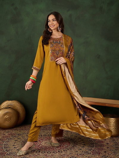 Indyancart SN Women's Floral Printed Sequinned Straight Kurta With Trouser And Dupatta