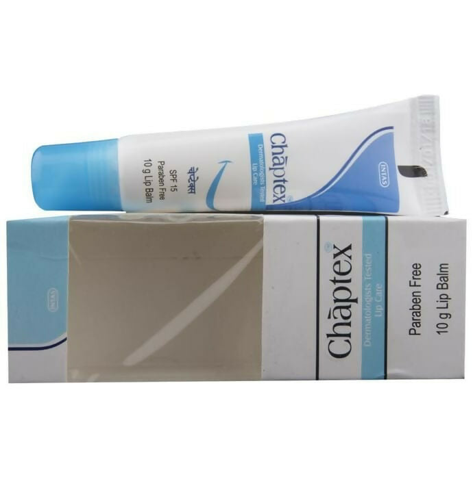 Chaptex SPF 15 Lip Care Lip Balm in a small tube, designed to moisturize and protect lips from sun damage.