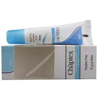 Chaptex SPF 15 Lip Care Lip Balm in a small tube, designed to moisturize and protect lips from sun damage.